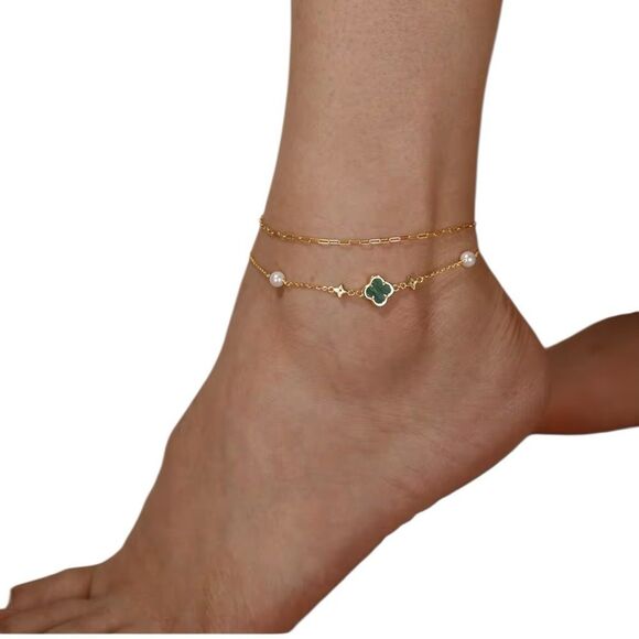 ENA925 14k Over Sterling Silver Malachite Green Anklet - Picture 3 of 5